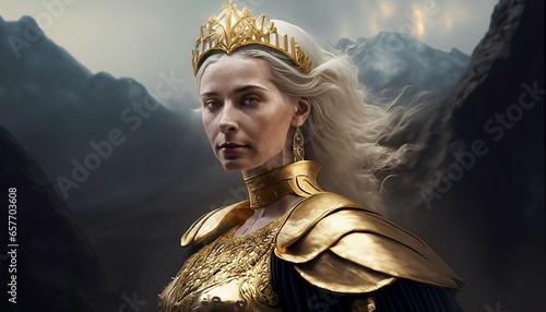 Severe queen of a dark fantasy world, hair in the wind, blonde, golden armor