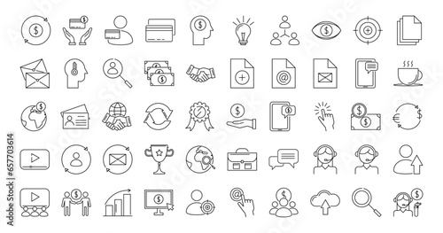 Marketing line icons set. People, money, goal, paper, letter, team, idea, growth, support, exchange, relationship, mail, key, dollar, currency, thoughts, prize. Vector stock illustration.