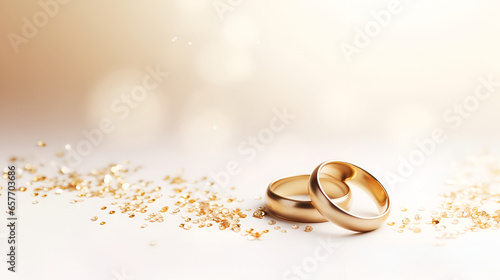 Wedding rings from red gold on light bokeh background. Gold wedding rings. Minimalistic rings for wedding, proposal. Saint Valentine Day rings. Ring photo for ads or catalog. Simple wedding rings