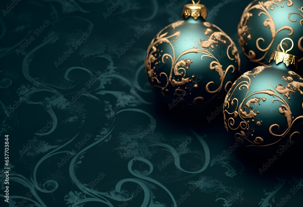 green background decorated with decorative ornaments , in the style of dark christmas background green background decorated with decorative ornaments , in the style of dark christmas background