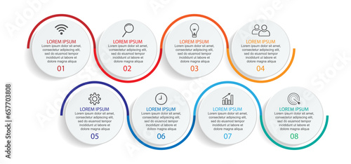 Business Infographic Template Design. Timeline minimal concept with 8 marketing steps, options and icons. Vector linear infographic with eight connected elements. Can be used for your business present