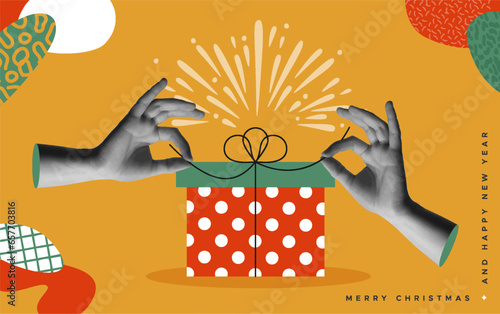 Hands open Christmas gift box retro collage mixed media style vector illustration