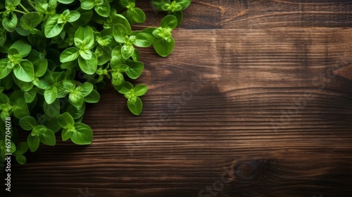 Aromatic Marjoram Herbs Photorealistic Horizontal Background. Healthy Vegetarian Diet. Ai Generated Background with Delicious Aromatic Marjoram Herbs On Wooden Countertop with Copy Space.