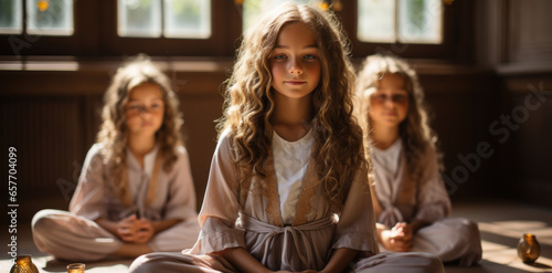 Group of little girls dressed in light tones smiling together doing yoga. photo