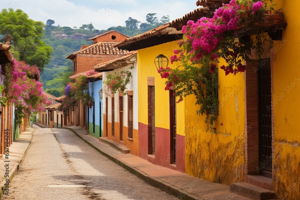 View of charming colonial street in Barichara, Colombia. Generative AI