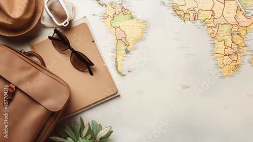 Explore the World Concept: Travel Essentials on Map Background, Sunglasses, Notebook, Coffee - Perfect for Globetrotters and Adventure Seeker