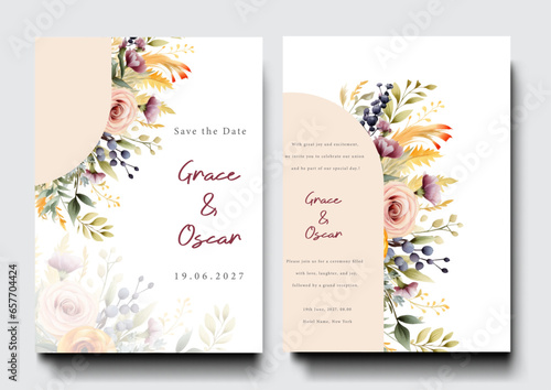 Elegant arrange nude rose on wedding invitation card template. Abstract art background vector design for wedding and vip cover template.