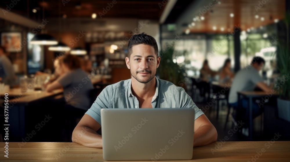 freelancer working on laptop in cafe and looking in camera freelancer working on laptop in cafe and looking in camera