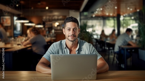 freelancer working on laptop in cafe and looking in camera