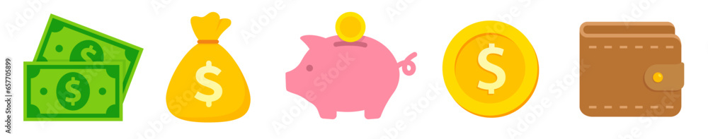 Fototapeta premium Finance icons. Business Icons, money signs. Money silhouette collection. Wallet with cards icon. Coins silhouette icon. Moneybag or stash. Piggy bank flat style - stock vector.