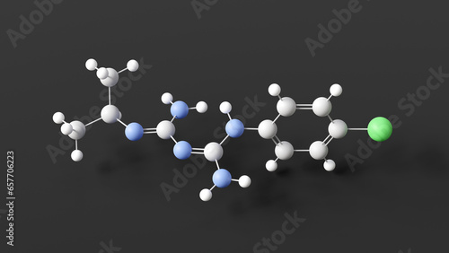 proguanil molecule, molecular structure, miscellaneous antimalarials, ball and stick 3d model, structural chemical formula with colored atoms photo