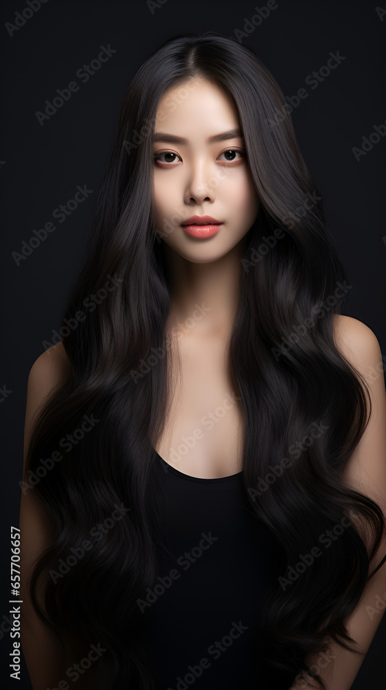 Asian Woman Curly Long Hair Black Dress with Make-up Lipsticks