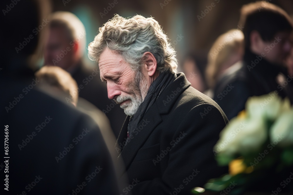 closeup shot of a senior man in front of a funeral bouquet closeup shot of a senior man in front of a funeral bouquet