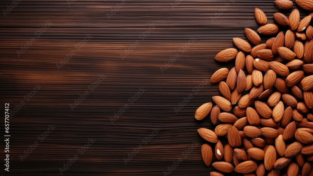Organic Almond Nuts Photorealistic Horizontal Background. Nutritious Vegetarian Protein Snack. Ai Generated Background with Delicious Tasty Almond Nuts On Wooden Countertop with Copy Space. Organic Almond Nuts Photorealistic Horizontal Background. Nutritious Vegetarian Protein Snack. Ai Generated Background with Delicious Tasty Almond Nuts On Wooden Countertop with Copy Space.