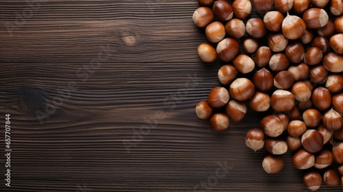 Organic Hazelnut Nuts Photorealistic Horizontal Background. Nutritious Vegetarian Protein Snack. Ai Generated Background with Delicious Tasty Hazelnut Nuts On Wooden Countertop with Copy Space.