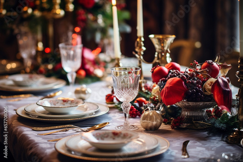 Horizontal Christmas eve party table with champagne flutes and red and golden decorations