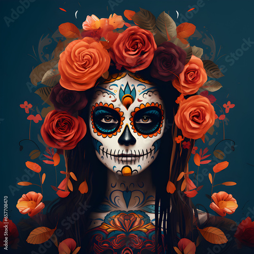 day of the dead woman covered with roses and face painting, mexican catrina illustration