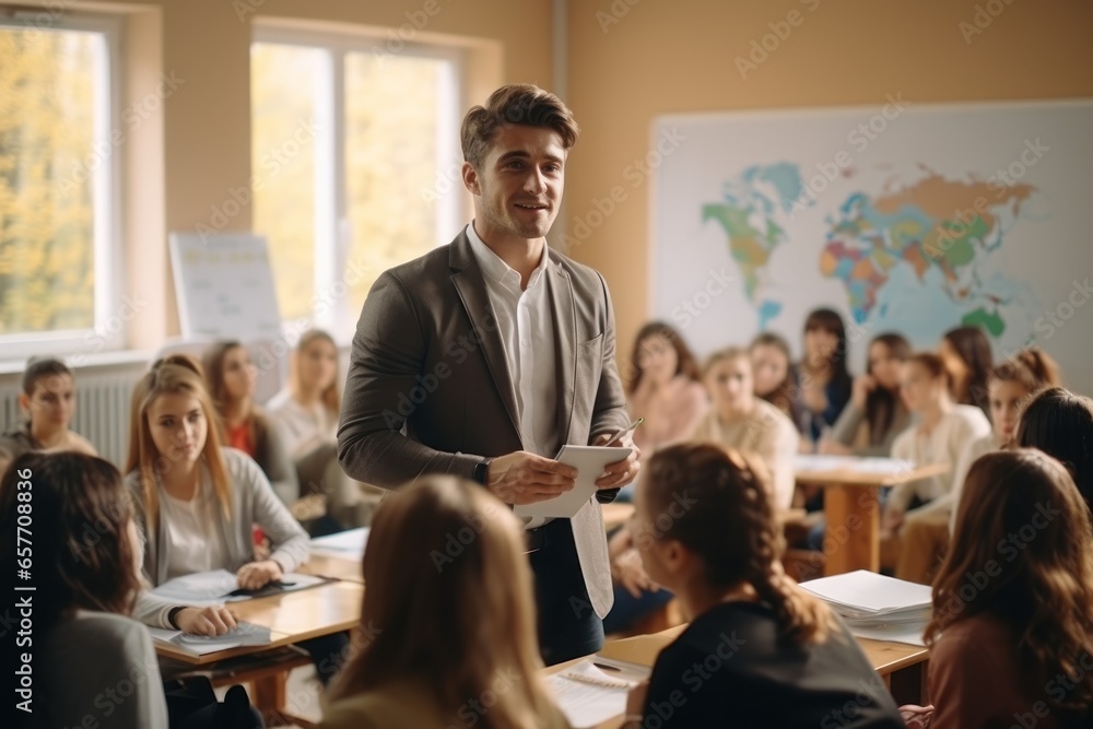 Teacher teaching school children in classroom. Generative AI. Teacher teaching school children in classroom. Generative AI.