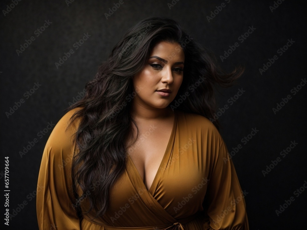 Pale toned European woman, black curvy long hair, nice dress. Studio shot, chiaro scuro, navy blue wall, earth tones. plus size model
Pale toned European woman, black curvy long hair, nice dress. Studio shot, chiaro scuro, navy blue wall, earth tones. plus size model