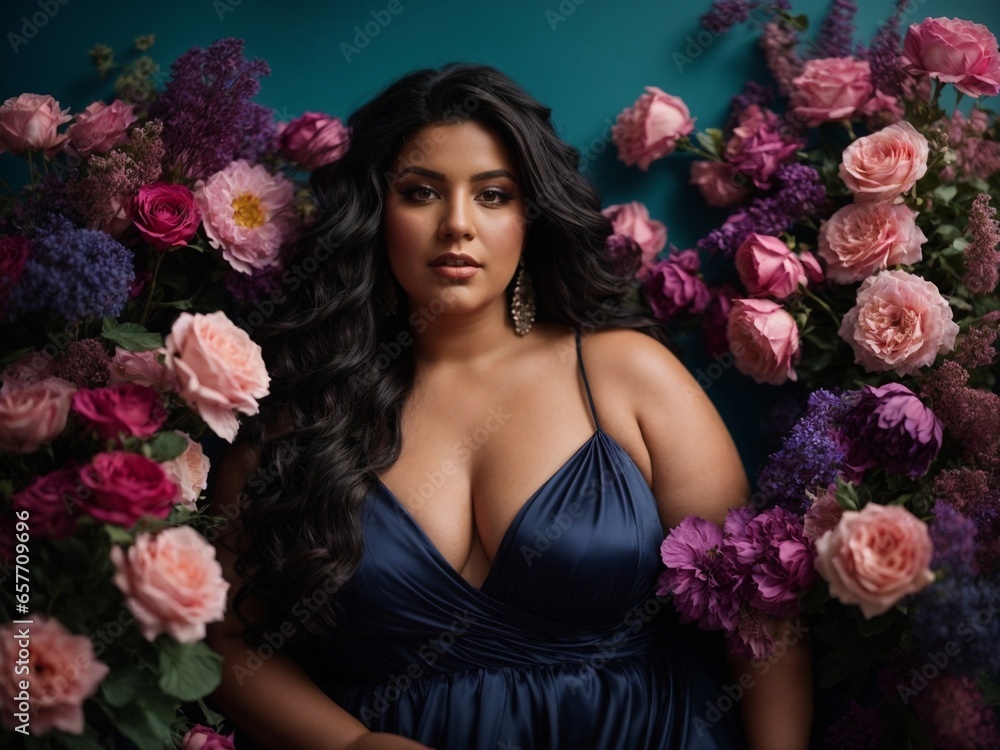 Pale toned European woman, black curvy long hair, nice dress. Studio shot, chiaro scuro, navy blue wall, pink, purple, turquoise tones. plus size model
Pale toned European woman, black curvy long hair, nice dress. Studio shot, chiaro scuro, navy blue wall, pink, purple, turquoise tones. plus size model