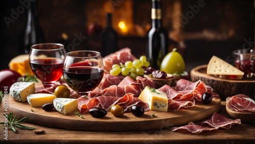 Italian wine snacks set, thinly sliced prosciutto, salami, and assorted cheeses on a wooden platter with olives and various fruit