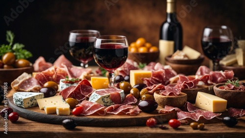 Italian wine snacks set, thinly sliced prosciutto, salami, and assorted cheeses on a wooden platter with olives and various fruit