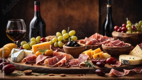 Italian wine snacks set  thinly sliced prosciutto  salami  and assorted cheeses on a wooden platter with olives and various fruit