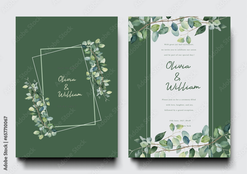 Minimalist wedding invitation card template design, floral design with watercolor greenery leaf and branch decorated on line frame on green.