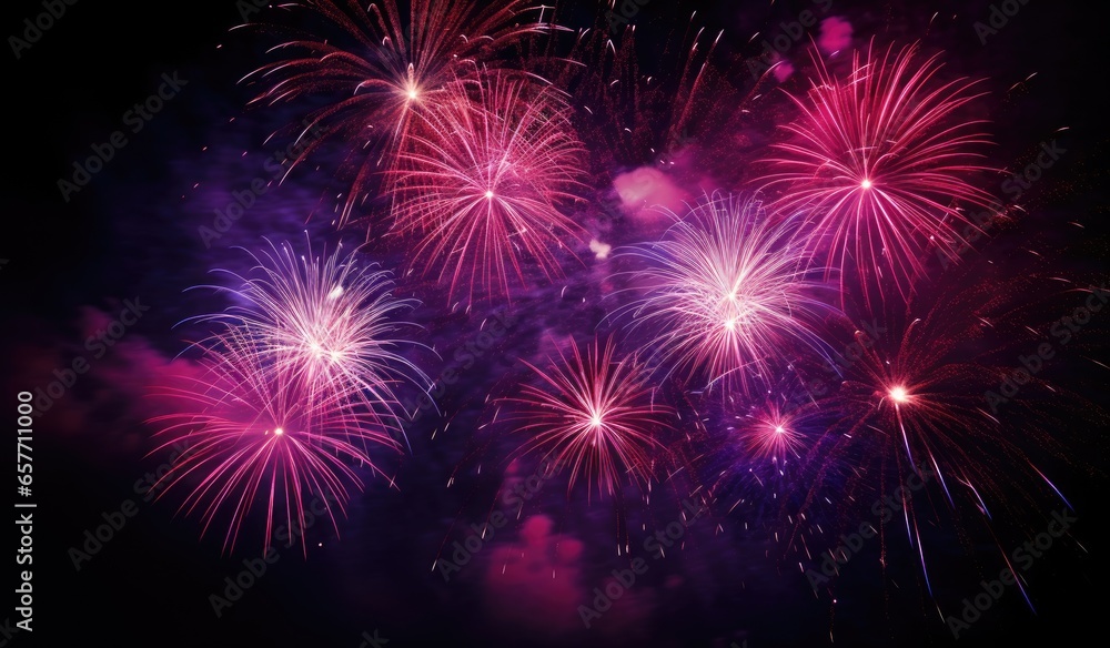 Vibrant fireworks lighting up the night sky in a dazzling display of colors and sparks
