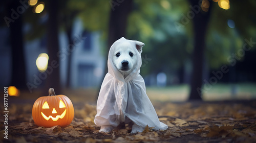 Cute dog with ghost costume in autumn park. Puppy in a ghost costume. Halloween concept. 