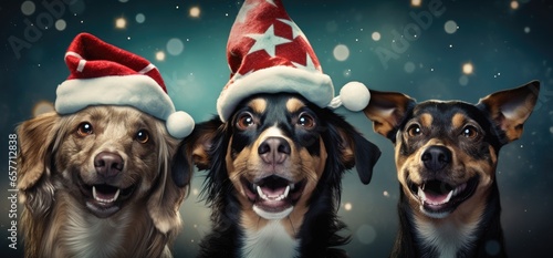 A festive group of dogs wearing Christmas hats