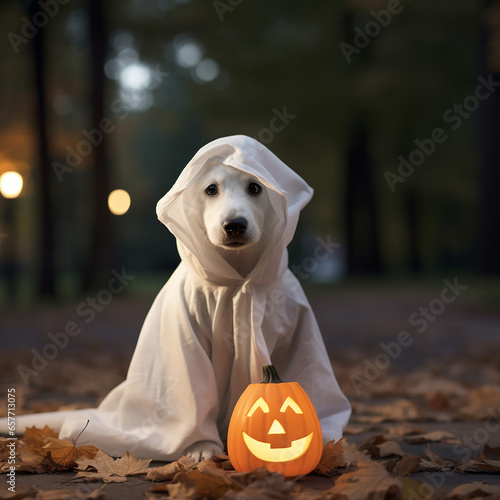 Cute dog with ghost costume in autumn park. Puppy in a ghost costume. Halloween concept. 