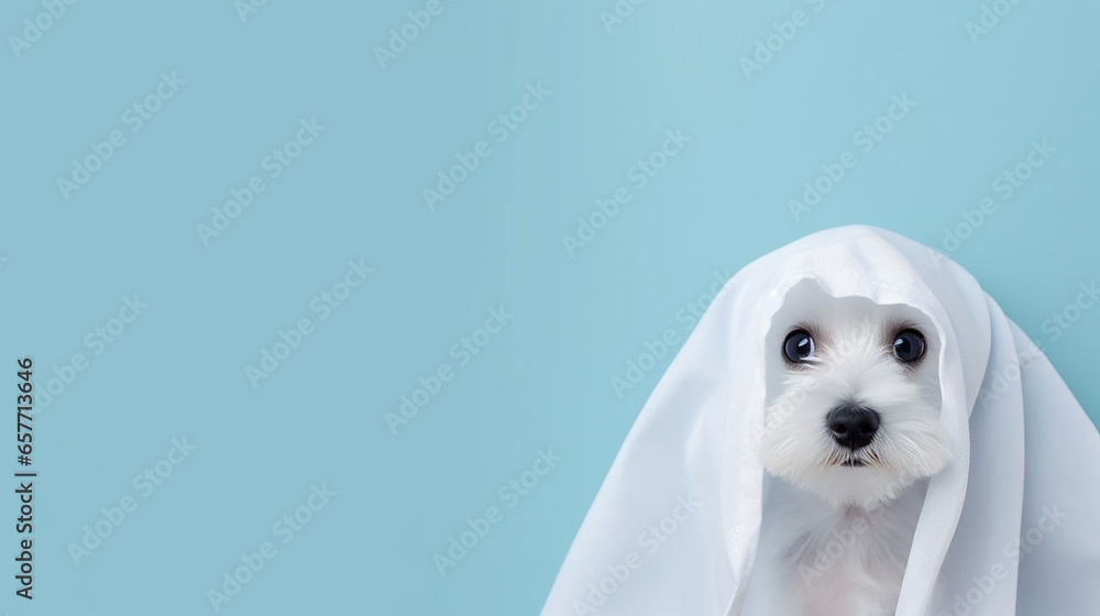 Obraz premium Cute dog wrapped in a sheet wearing a ghost costume on a minimalistic background. Halloween concept. 