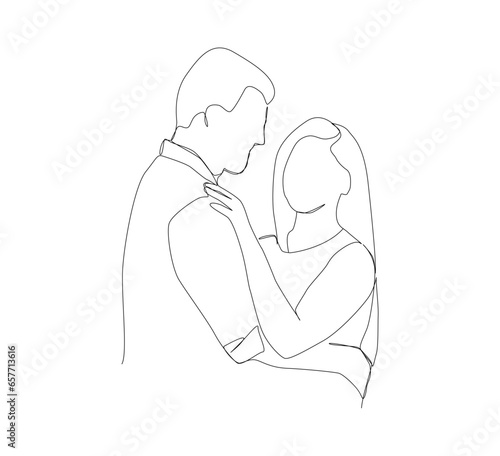 Couple romantically embracing each other in a happy moment, one line art hand drawn free hand vector illustration.