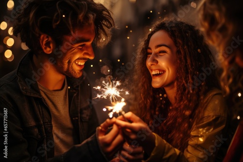 A couple holding sparklers and creating a dazzling display of lights