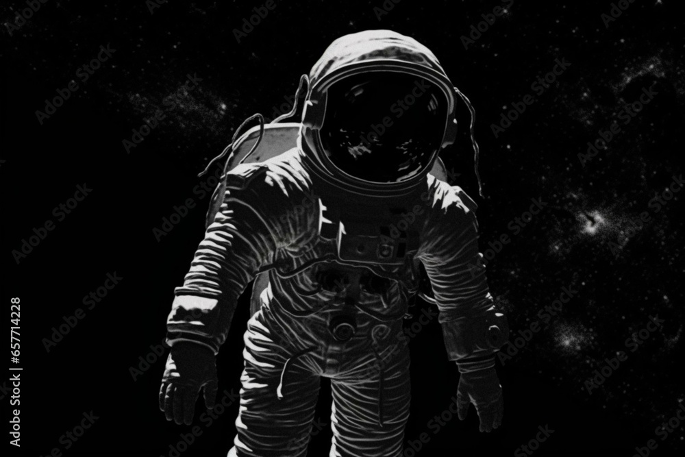 A spaceman approaches a dark void in outer space. Generative AI