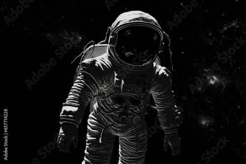 A spaceman approaches a dark void in outer space. Generative AI