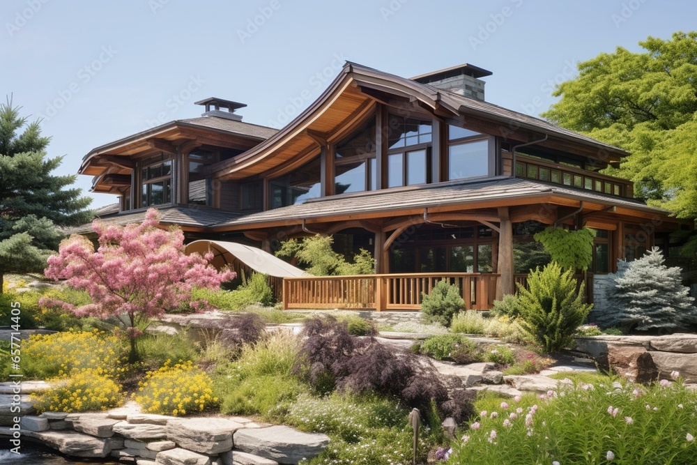 A detailed view of a contemporary house featuring a rustic cedar roof in full bloom during the warm season. Generative AI