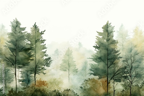 Watercolor forest wallpaper with trees and plants. Generative AI