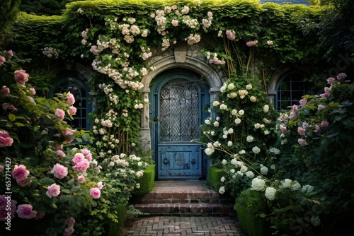 A hidden garden with ivy-covered walls  open gate  roses  hedges. Generative AI