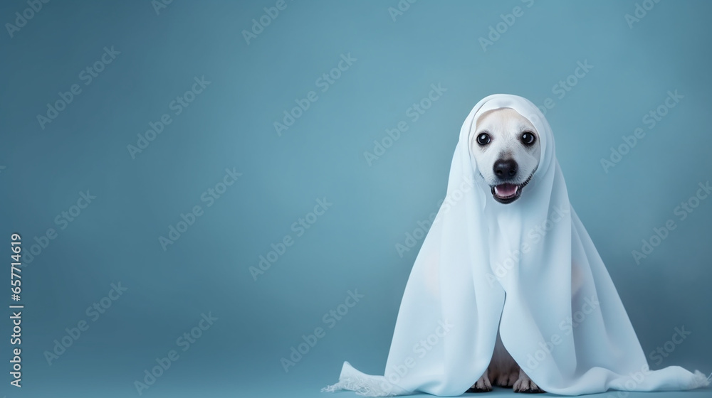 Cute dog wrapped in a sheet wearing a ghost costume on a minimalistic background. Halloween concept. Cute dog wrapped in a sheet wearing a ghost costume on a minimalistic background. Halloween concept.