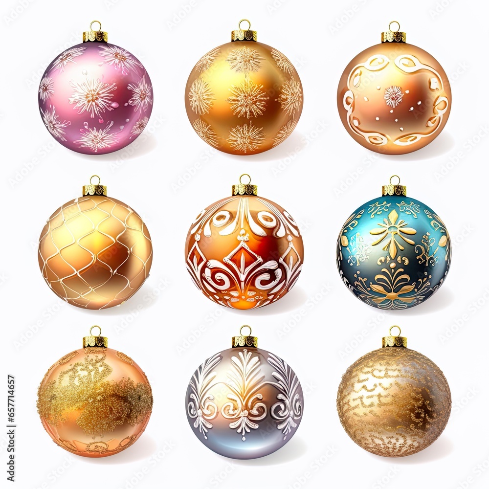 Festive Christmas ornaments, gleaming on white backdrop. Xmas baubles shining on white background, perfect for a joyful celebration, seasonal greetings.