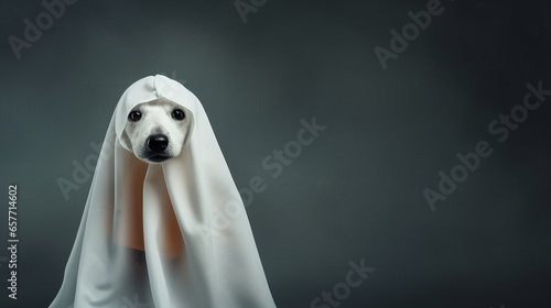 Cute dog wrapped in a sheet wearing a ghost costume on a minimalistic background. Halloween concept. 