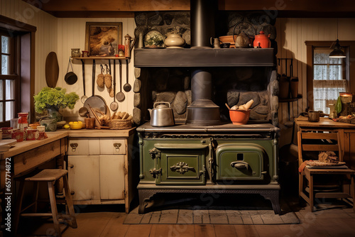 An old-fashioned wood stove sits in a farmhouse kitchen, often used for both cooking and heating the space photo