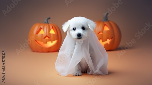 Cute dog wrapped in a sheet wearing a ghost costume on a minimalistic background. Halloween concept. 