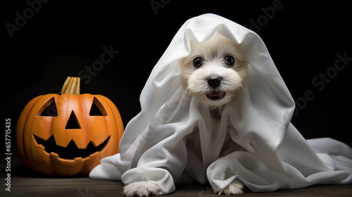 Cute dog wrapped in a sheet wearing a ghost costume on a minimalistic background. Halloween concept.  © alionaprof