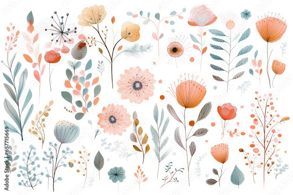 Fototapeta premium beautiful floral and branch pattern backdrop in watercolor style