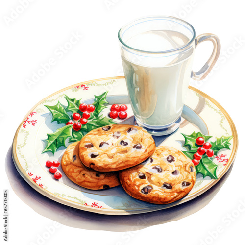 Watercolor Milk and cookies for santa Clipart isolated on Transparent Background