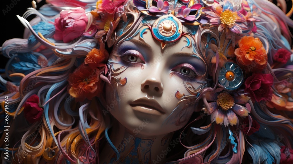 Fototapeta premium Embark on a spiritual journey as the third eye opens on the humanoid's head, symbolizing awakening and collective consciousness. Beautiful girl's face surrounded by flowers.