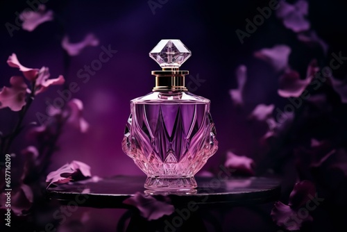 Purple glass perfume bottle on the purple dark background.